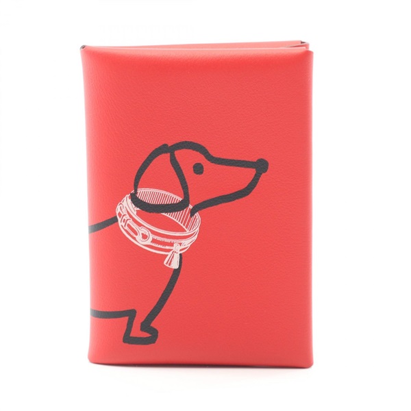 HERMES Calvi Duo Dachshund coin purse wallet K Swift leather Rouge coeur SHW