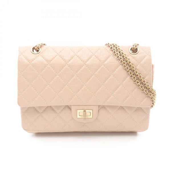 CHANEL 2.55 Matelasse W flap chain Shoulder Bag A37587 leather Beige Used GHW