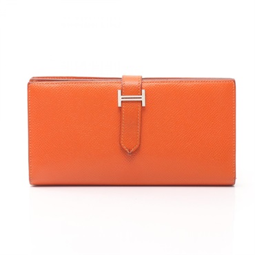 HERMES Bearn Soufflet Bifold long purse wallet R Epsom leather Orange SHW Used