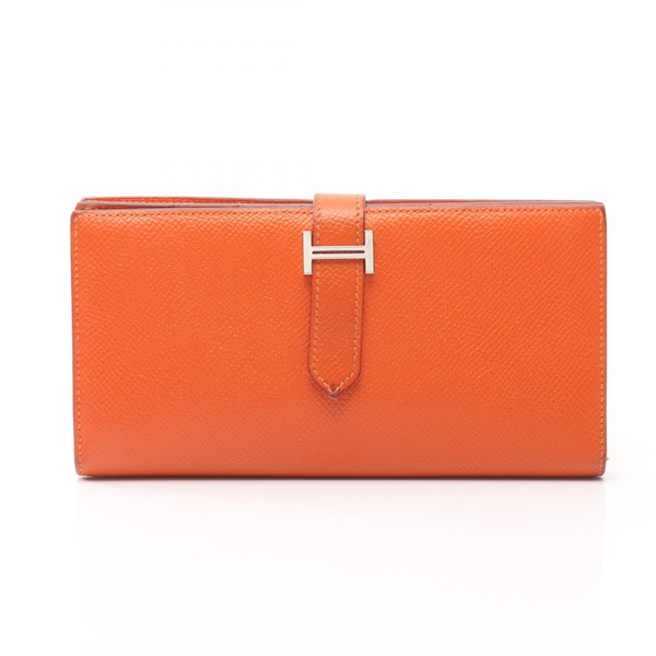 HERMES Bearn Soufflet Bifold long purse wallet R Epsom leather Orange SHW Used