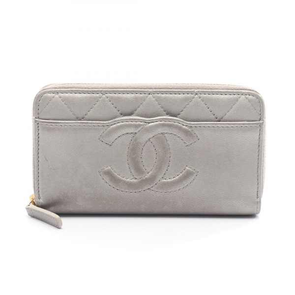 CHANEL Matelasse Around zip long Wallet Purse leather Silver GHW Used Women CC