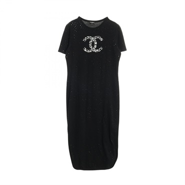 CHANEL COCO Mark T-shirt short sleeve long Dress #38 cotton Black Used Women CC