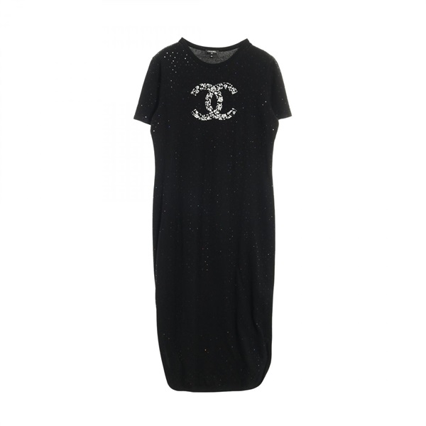 CHANEL COCO Mark T-shirt short sleeve long Dress #38 cotton Black Used Women CC