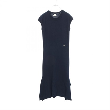 HERMES Sellier button Dress sleeveless #38 cotton cashmere Navy Used Women