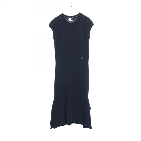 HERMES Sellier button Dress sleeveless #38 cotton cashmere Navy Used Women
