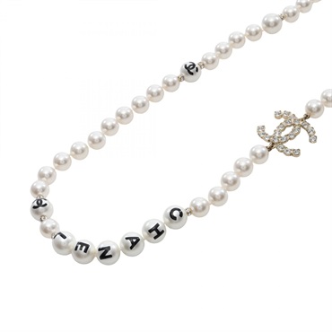 CHANEL COCO Mark logo Necklace Gold Plated Artificial pearl rhinestone Used CC