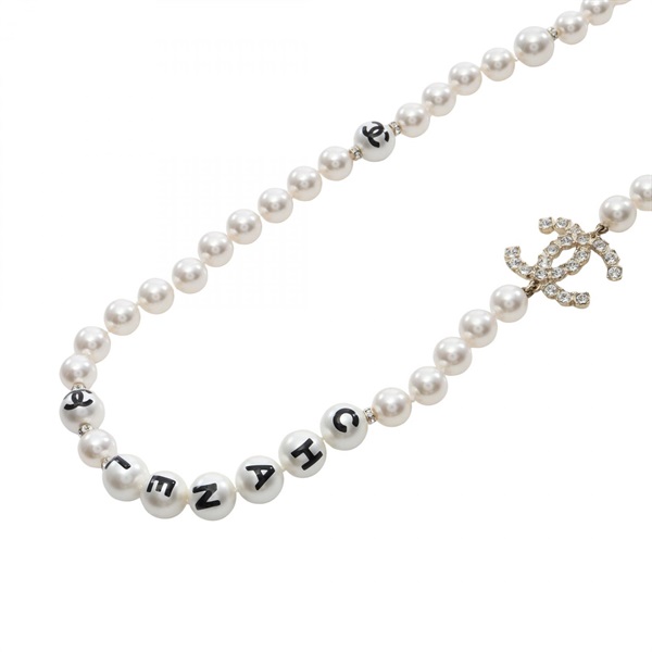 CHANEL COCO Mark logo Necklace Gold Plated Artificial pearl rhinestone Used CC