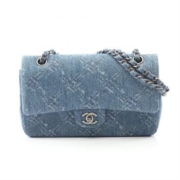 CHANEL COCO Mark W Flap chain Shoulder hand Bag denim Blue Used Women CC