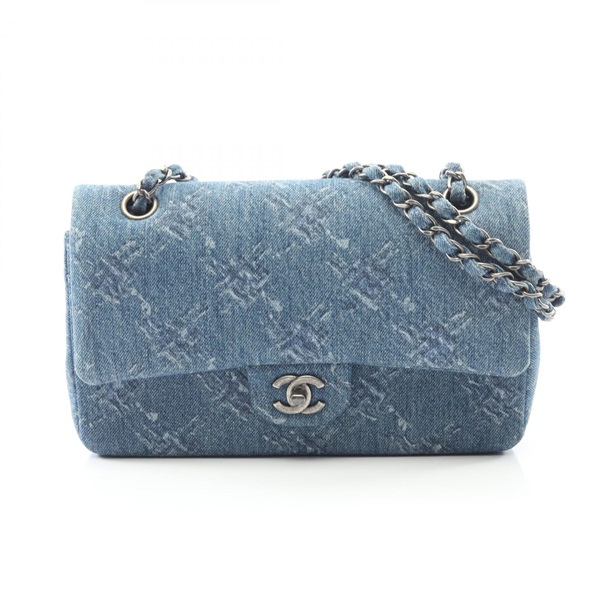 CHANEL COCO Mark W Flap chain Shoulder hand Bag denim Blue Used Women CC