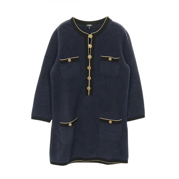 CHANEL COCO Mark button long sleeve Dress #42 cotton Navy Black Used Women CC