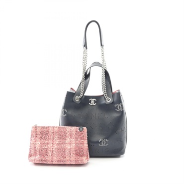 CHANEL COCO Mark Chain Shoulder Handbag punching leather Navy Pink SHW Used