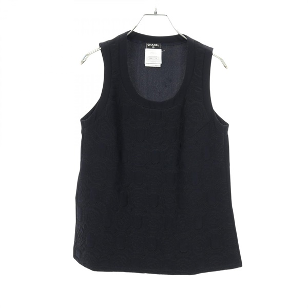 CHANEL Camelia sleeveless tank top #38 silk Navy Used Women