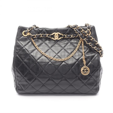 CHANEL Matelasse Chain Shoulder Tote Bag Lamb leather Black GHW Used Women CC