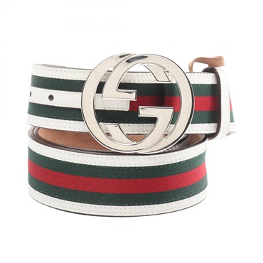 GUCCI Interlocking G Sherry Line belt ceinture 100 leather White Green Red Used