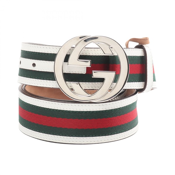 GUCCI Interlocking G Sherry Line belt ceinture 100 leather White Green Red Used