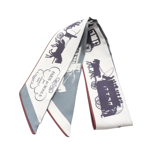 HERMES Twilly de toujours PARIS qui ROULE Scarf Foulard silk leather White Used