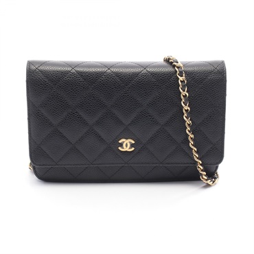 CHANEL Matelasse Chain Shoulder Crossbody Bag Wallet WOC leather Black GHW Used