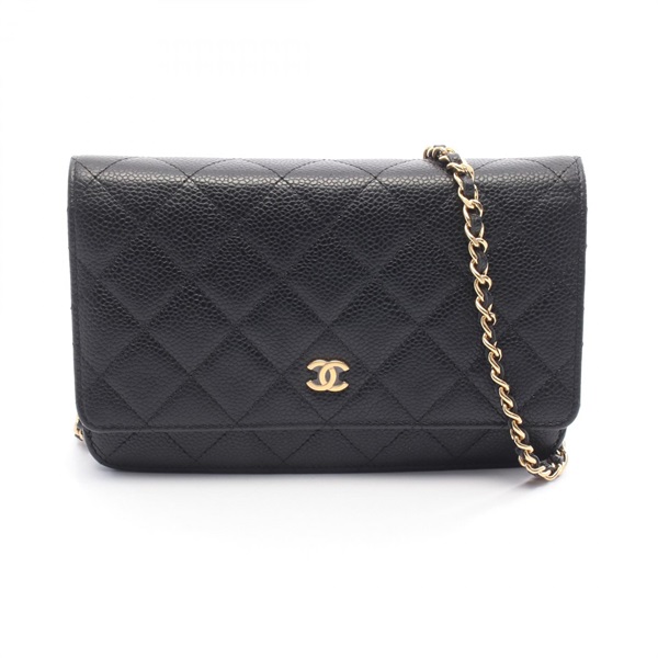 CHANEL Matelasse Chain Shoulder Crossbody Bag Wallet WOC leather Black GHW Used