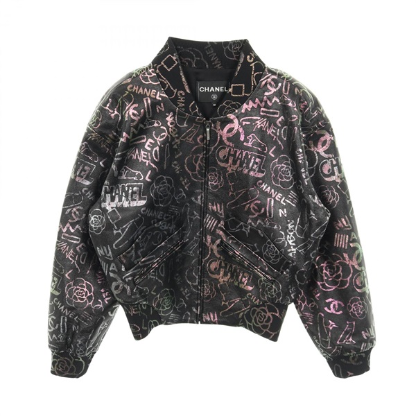 CHANEL Blouson Jacket #36 Lambskin leather silk Black Multicolor Used Women CC