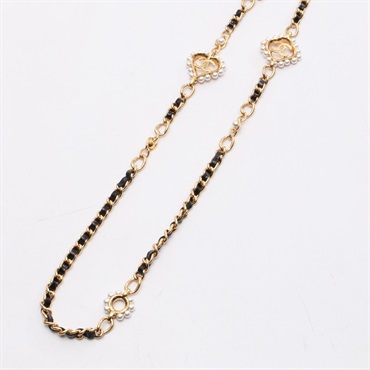 CHANEL COCO Mark Necklace leather Black Gold Used 101.5~103.5cm CC Logo