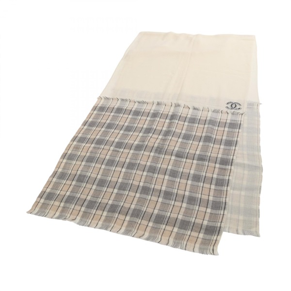 CHANEL COCO Mark stole scarf cashmere Beige Gray Used Women CC Logo