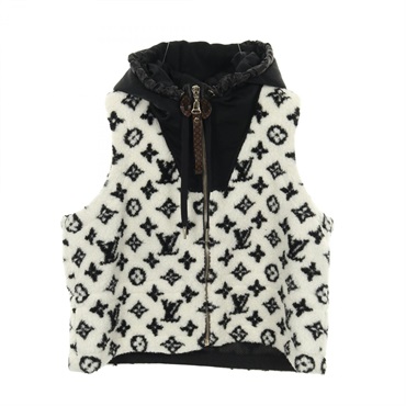 LOUIS VUITTON Monogram Teddy Peplum Gilet Vest Nylon wool acrylic B&W #36 Women