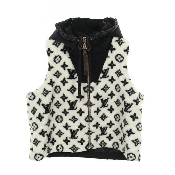 LOUIS VUITTON Monogram Teddy Peplum Gilet Vest Nylon wool acrylic B&W #36 Women