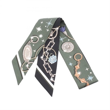 HERMES Twilly C'EST LA FETE Scarf Foulard silk soie Khaki Black Multicolor Used