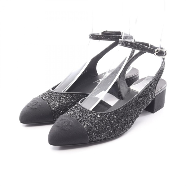 CHANEL COCO Mark pumps shoes #38 G37594 leather Fabric Black Women CC