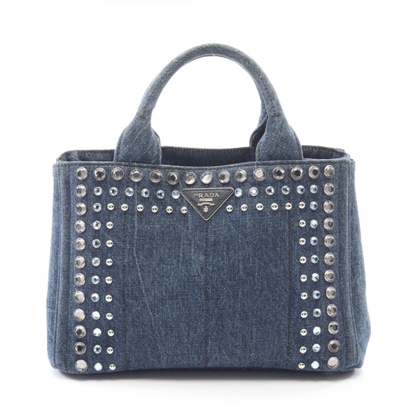 PRADA CANAPA hand Tote Bag rhinestones B2439O denim Navy Used Women