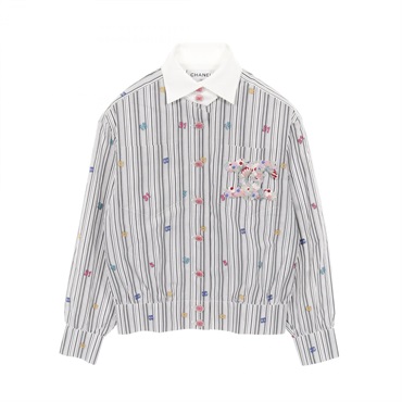 CHANEL Flower COCO Mark Striped Shirt blouse P73926V65463 cotton Gray #34 Used