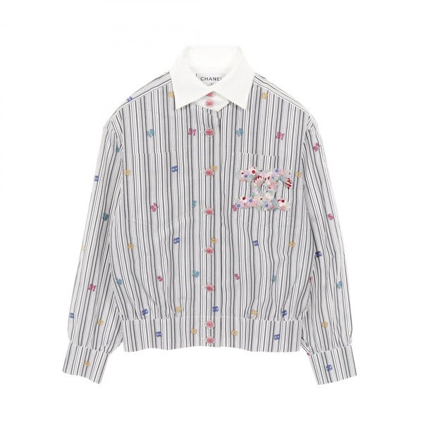 CHANEL Flower COCO Mark Striped Shirt blouse P73926V65463 cotton Gray #34 Used