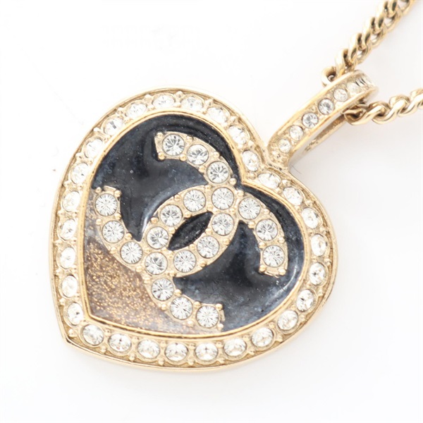 CHANEL COCO Mark Heart Necklace Pendant Gold Plated Rhinestone Black Used women