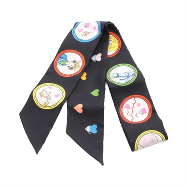 HERMES Twilly TEA TIME tie Scarf stole wrap foulard silk Black Multicolor Women