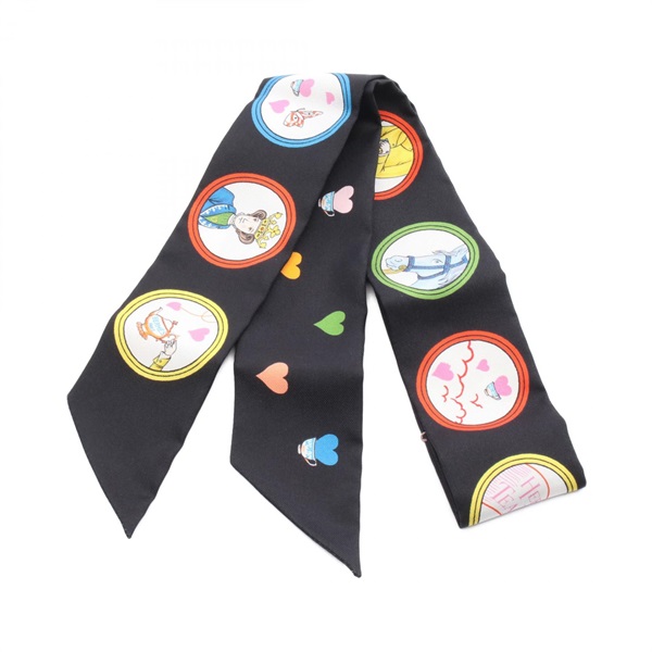 HERMES Twilly TEA TIME tie Scarf stole wrap foulard silk Black Multicolor Women