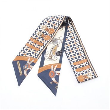 HERMES Twilly Les Voitures Nouvelles tie Scarf stole wrap silk Navy Beige Used