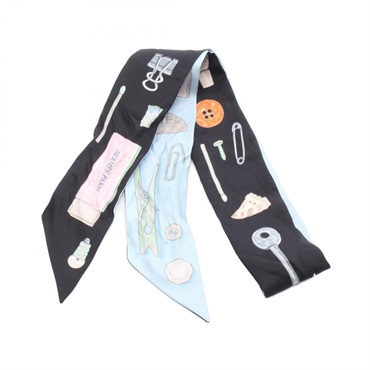 HERMES Twilly In The Pocket tie Scarf stole wrap foulard silk Black Blue Used