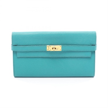 HERMES Kelly wallet long wallet Chevre leather Green Blue paon Used Women GHW X