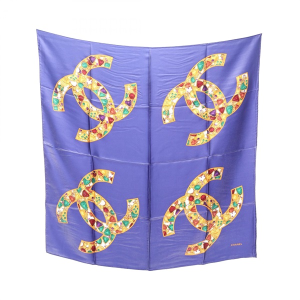 CHANEL COCO Mark Scarf wrap stole foulard silk Navy Multicolor Used Women CC