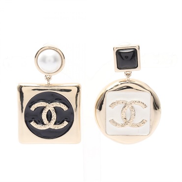 CHANEL COCO Mark Earring Gold Plated Black White Used Women CC