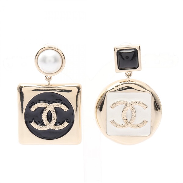 CHANEL COCO Mark Earring Gold Plated Black White Used Women CC