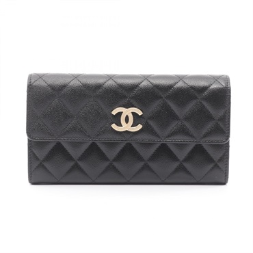 CHANEL Matelasse Bifold long purse wallet calf leather Black GHW Used Women CC