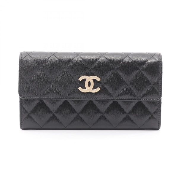 CHANEL Matelasse Bifold long purse wallet calf leather Black GHW Used Women CC