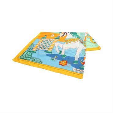 HERMES Stole scarf wrap foulard cotton Yellow Multicolor Used Women