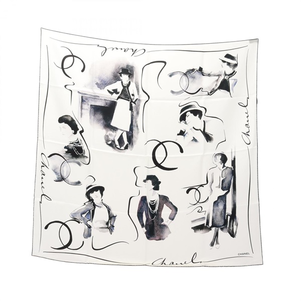 CHANEL COCO Mark Scarf stole wrap foulard silk White Black Used Women Coco CC
