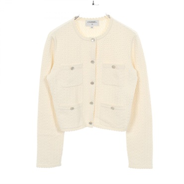 CHANEL COCO Mark button knit jacket cardigan cotton silk White Used Women #34