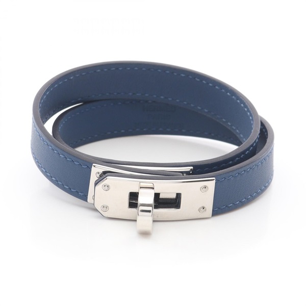 HERMES Kelly Double Tour Bracelet Swift leather Stainless Steel Navy Used Women