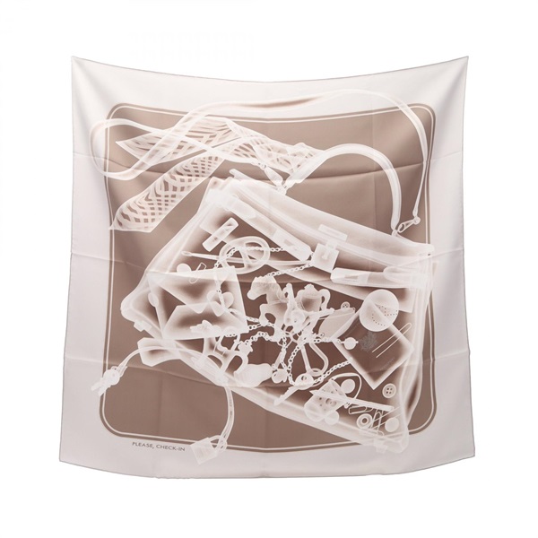 HERMES Carre 90 PLEASE CHECK-IN square Scarf Stole Wrap Faulard silk Gray Used
