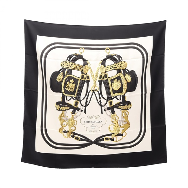 HERMES Carre 90 BRIDES de GALA Scarf stole wrap silk Black White Gold Used