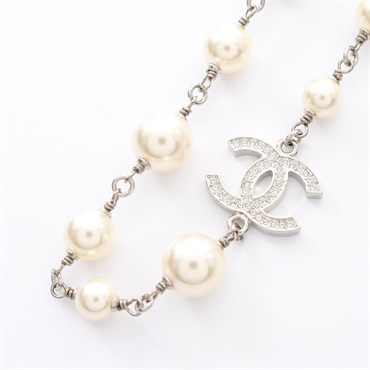 CHANEL COCO Mark Necklace Stainless Steel Artificial pearl Rhinestone Used Women